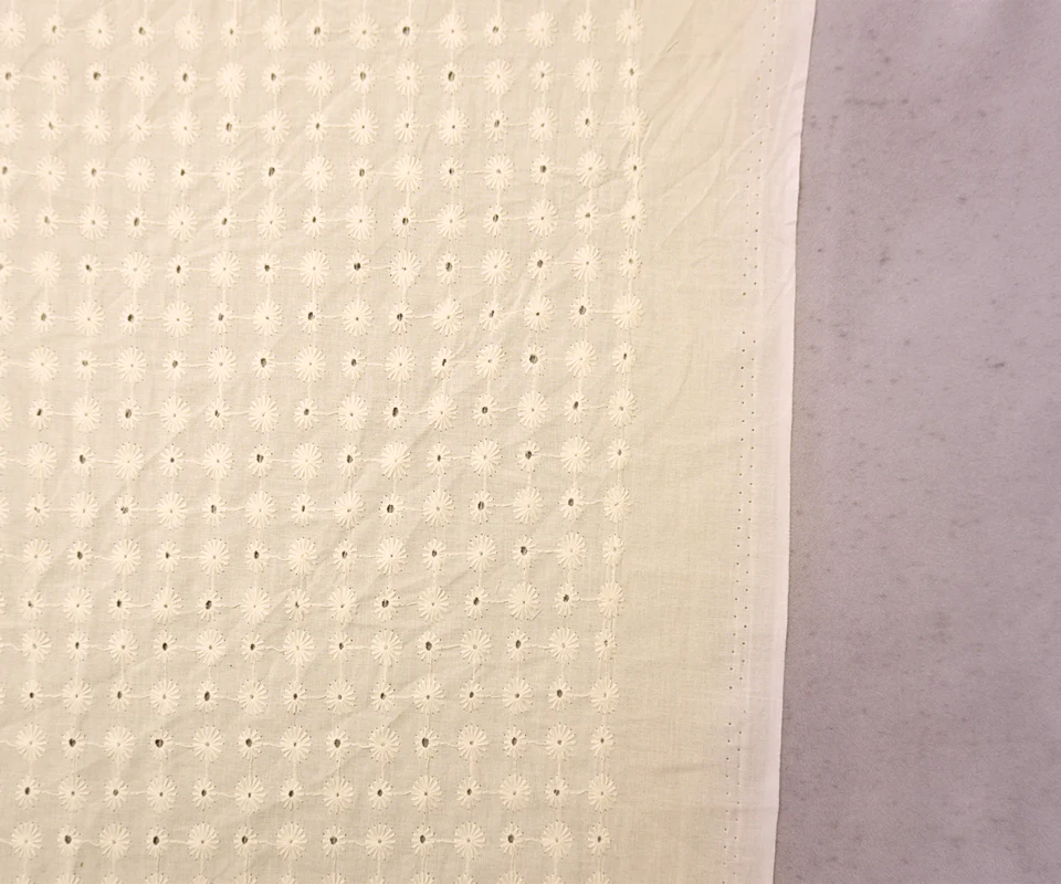 Off-White Cotton Floral Embroidered Eyelet Voile Woven Fabric - Image 2