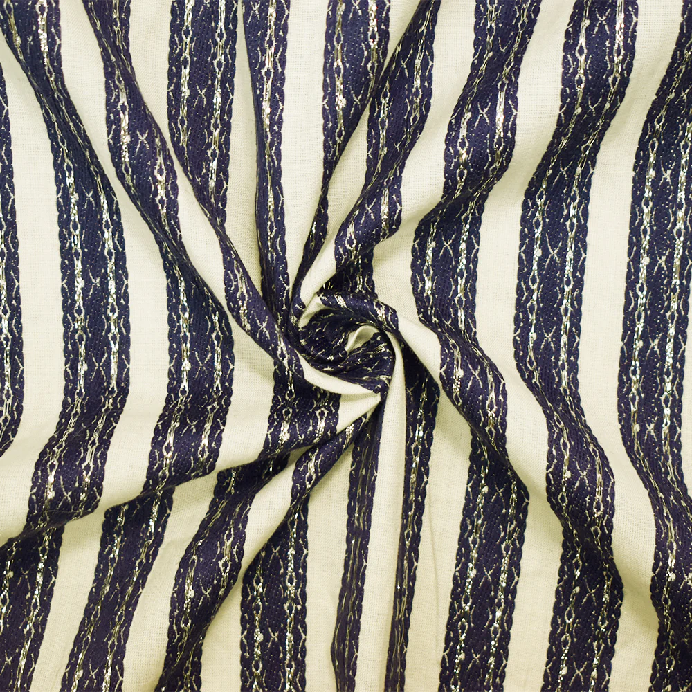Off-White-Navy-Silver Cotton Blend Decorative Stripe Jacquard Woven Fabric