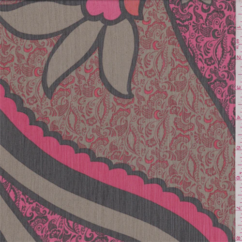 Olive/Coral/Red Paisley Print Crinkled Chiffon Fabric
