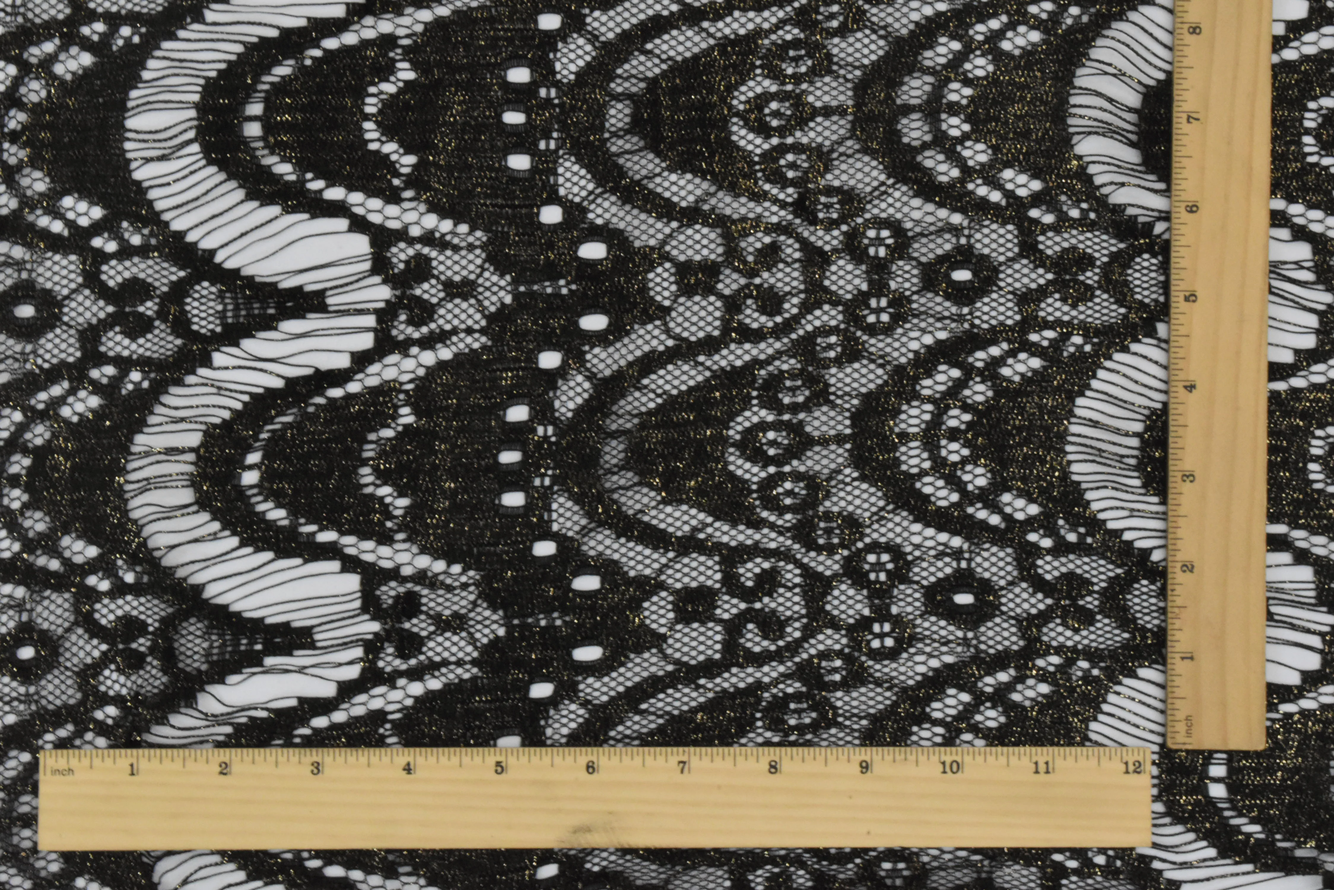 Onyx Black-Gold Printed Texture Fancy Scallop Lace Knit Fabric - Image 5