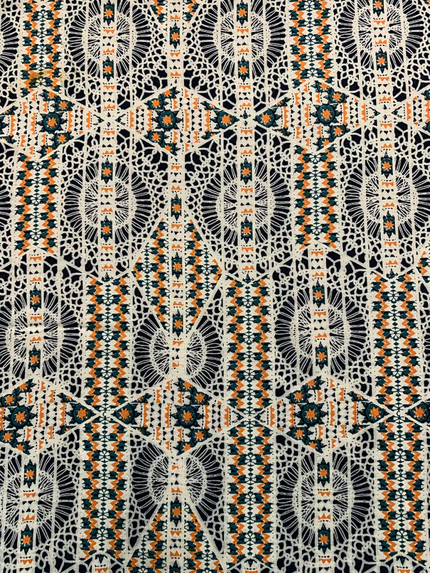 Orange and Green Lace Look Print Rayon Challis Fabric - Image 2