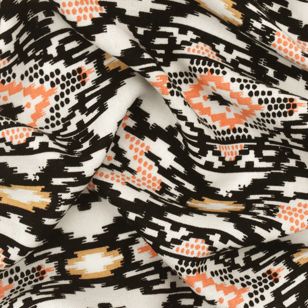 Orange-Black-Ivory Aztec Printed Challis Fabric - Image 2