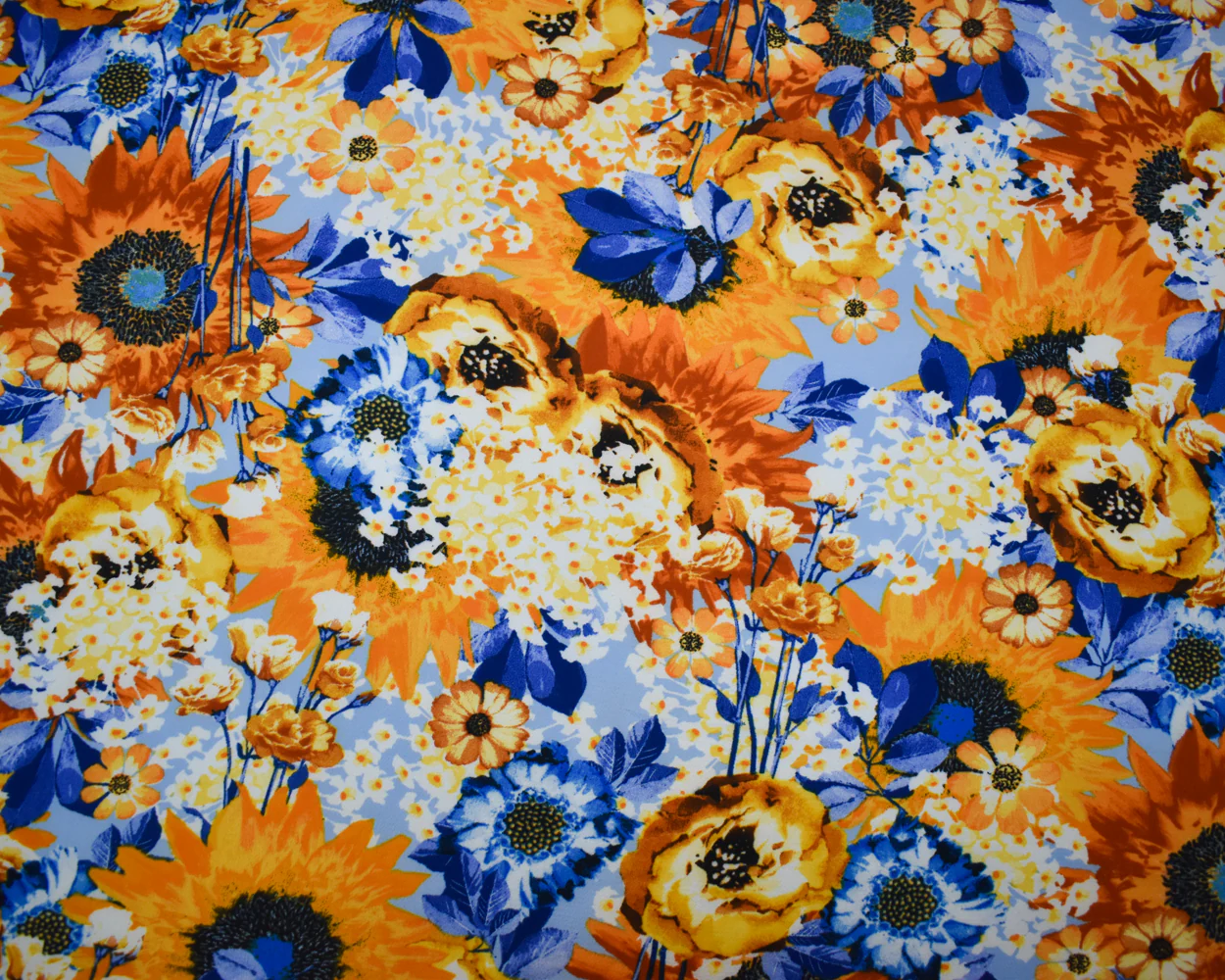Orange-Blue-Multi Poly Floral Print Pebble Crepe Woven Fabric - Image 2