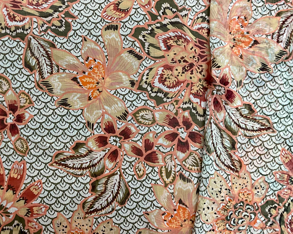 Orange-Green-Multi Poly Floral Printed Crinkle Yoryu Chiffon Woven Fabric - Image 2