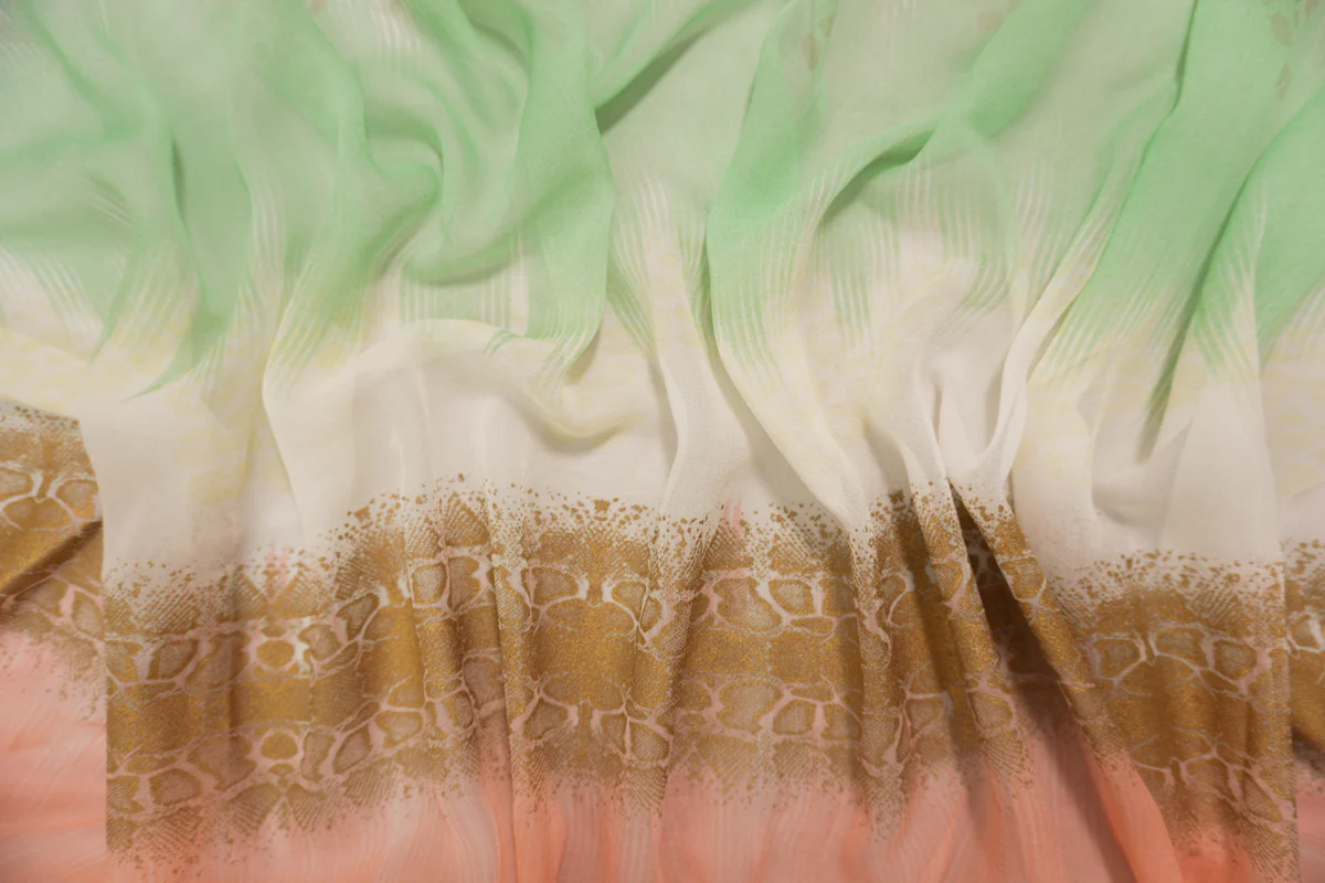 Orange-Green-Multi Silk Abstract Print Chiffon Woven Fabric - Image 4
