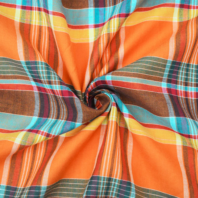 Orange-Multi Cotton Famous Maker Plaid Twill Madras Woven Fabric