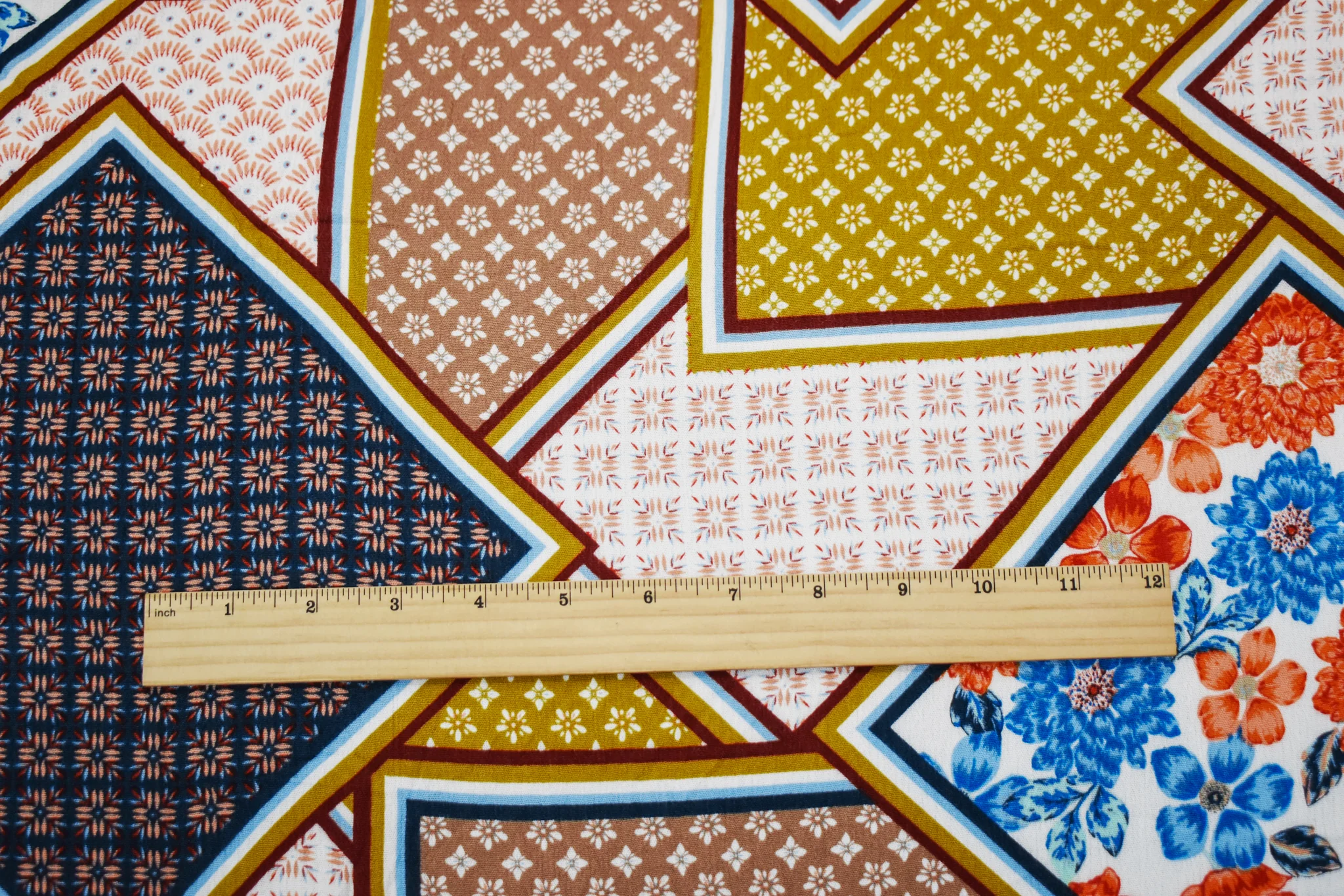 Orange-Multi Cotton Multi Panel Pattern Printed Crinkled Gauze Woven Fabric - Image 2