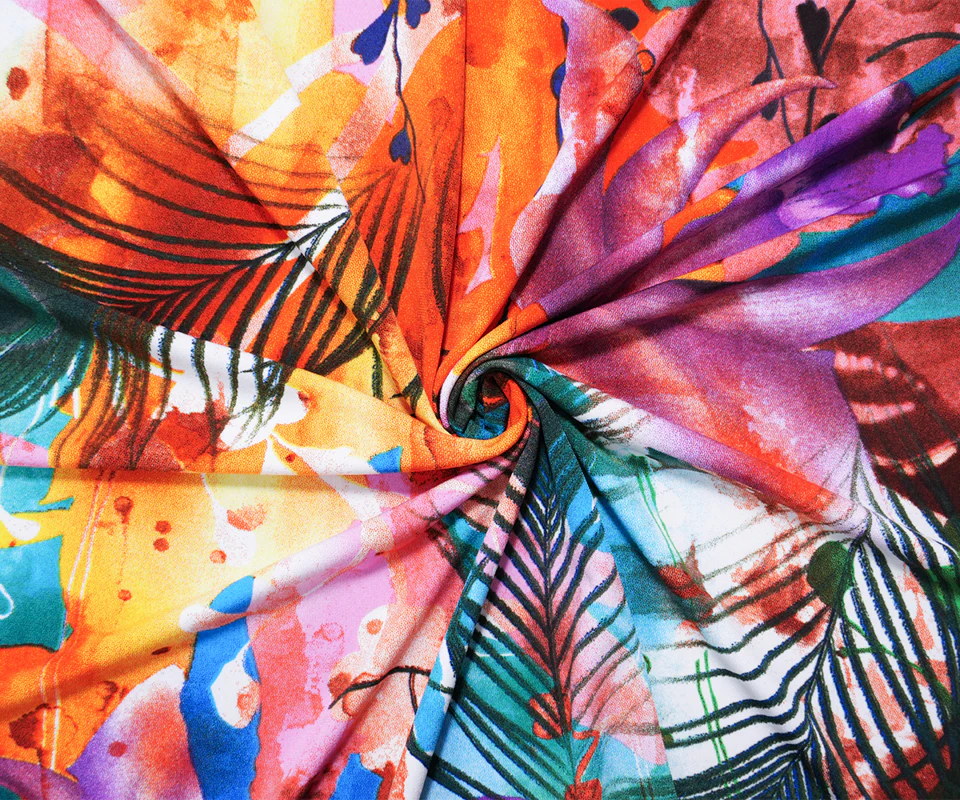 Orange-Multi Poly Stretch Feathers Printed ITY Jersey Knit Fabric - Image 2