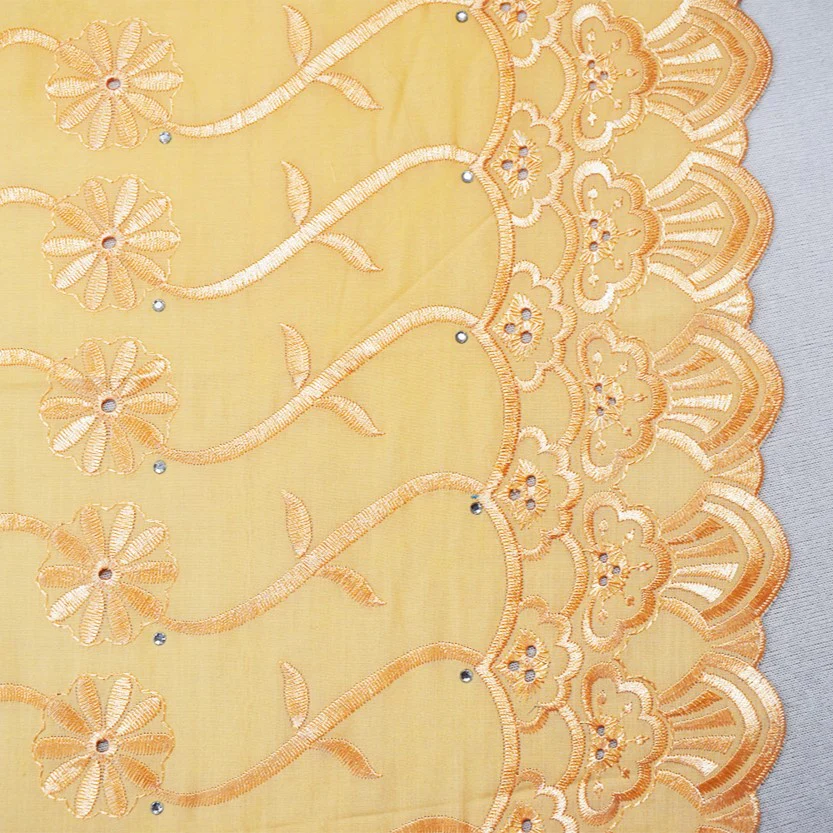 Orange Poly-Cotton Embroidered Scallop Rhinestone Woven Fabric