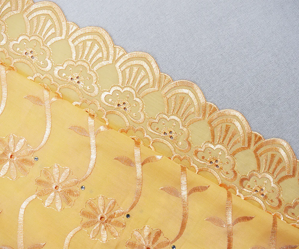 Orange Poly-Cotton Embroidered Scallop Rhinestone Woven Fabric - Image 2