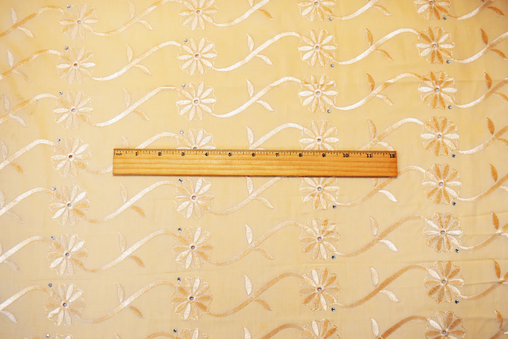 Orange Poly-Cotton Embroidered Scallop Rhinestone Woven Fabric - Image 5