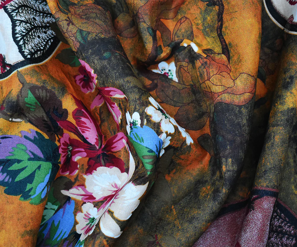 Orange-Red-Multi Floral Circle Art Printed Linen Woven Fabric - Image 2