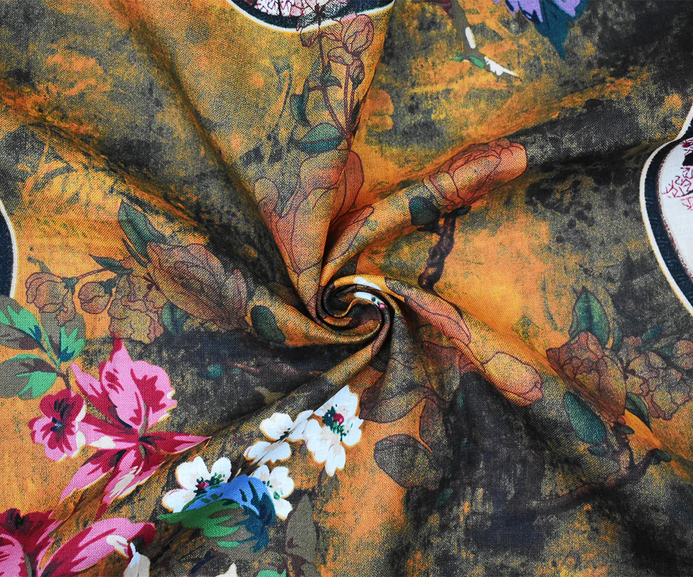 Orange-Red-Multi Floral Circle Art Printed Linen Woven Fabric - Image 3