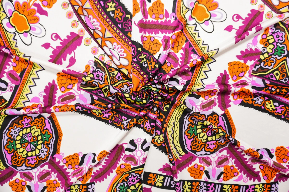 Orange Silk Abstract Medallion Printed Interlock Knit Fabric - Image 5