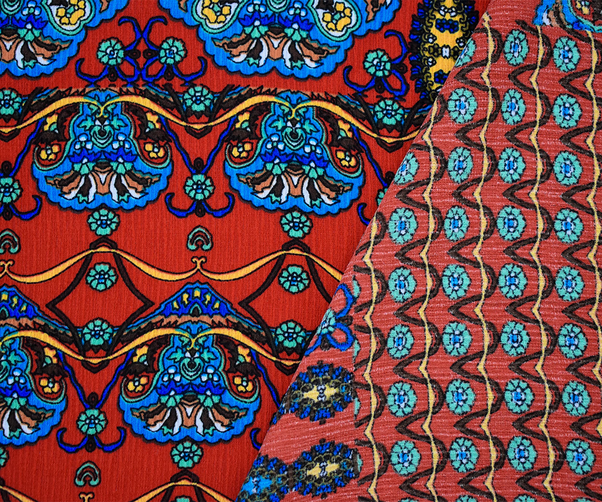 Orange-Teal Mandala Border Multi Pattern Printed Crinkle Crepe Woven Fabric - Image 3