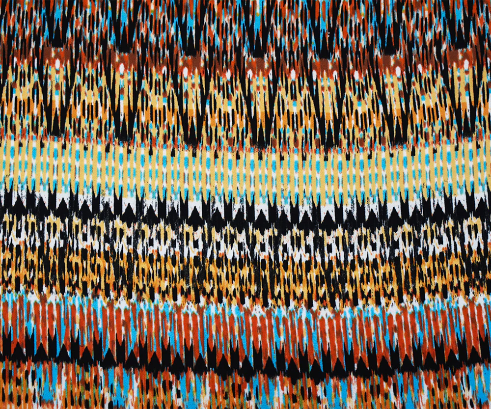 Orange-Turquoise-Multi Poly Aztec Ikat Printed Pebble Crepe Woven Fabric - Image 3