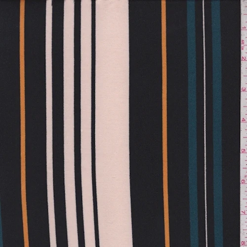 Pale Pink/Black/Teal Stripe Double Brushed Jersey Knit Fabric