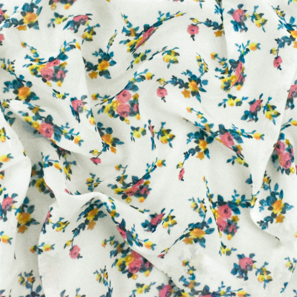 Paper White-Green-Multi Floral Printed Polyester Chiffon Woven Fabric - Image 3