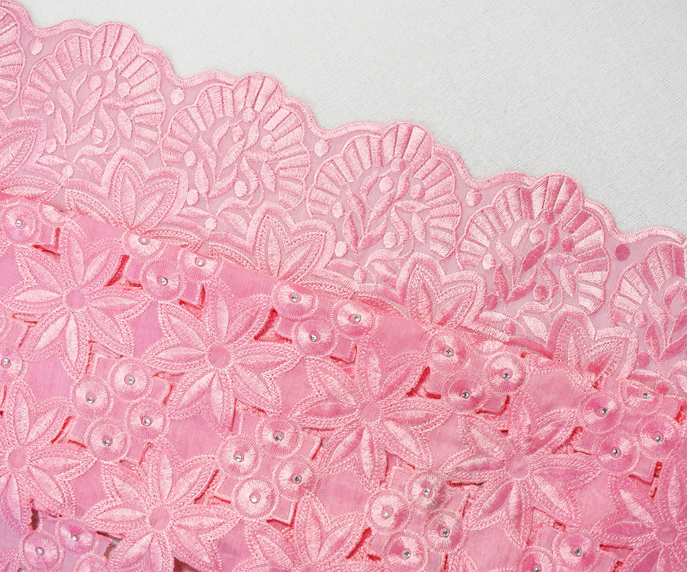 Pastel Pink Polyester Floral Circle Scalloped Rhinestone Woven Fabric - Image 2