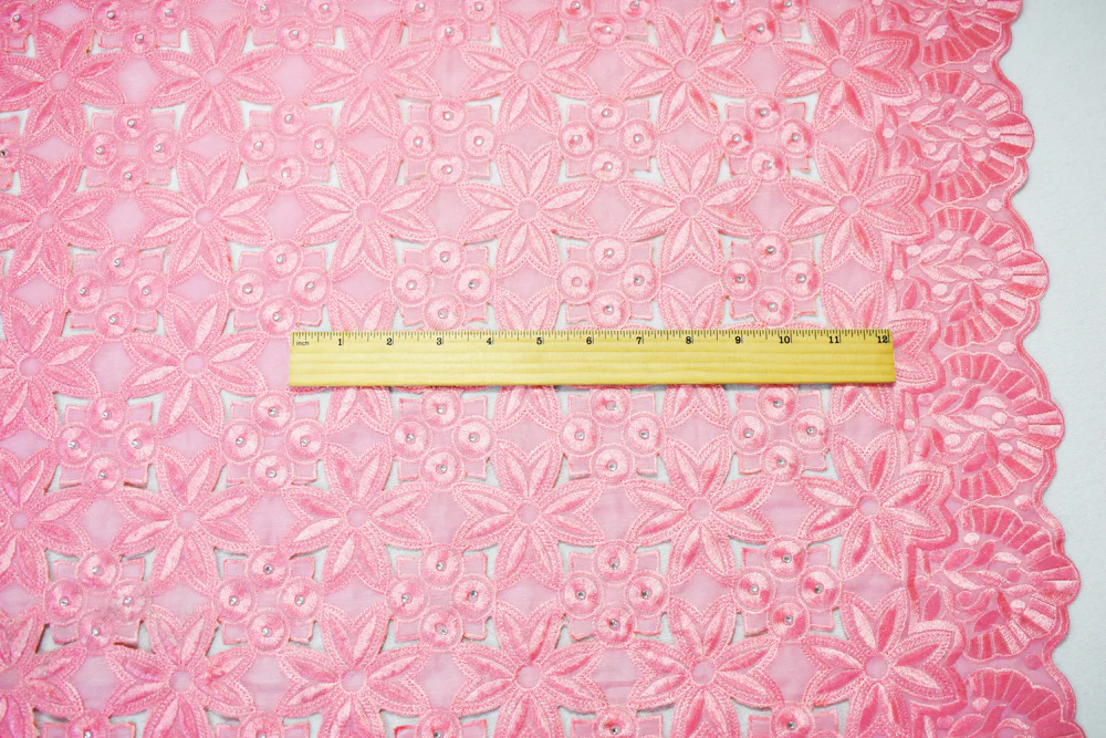 Pastel Pink Polyester Floral Circle Scalloped Rhinestone Woven Fabric - Image 4