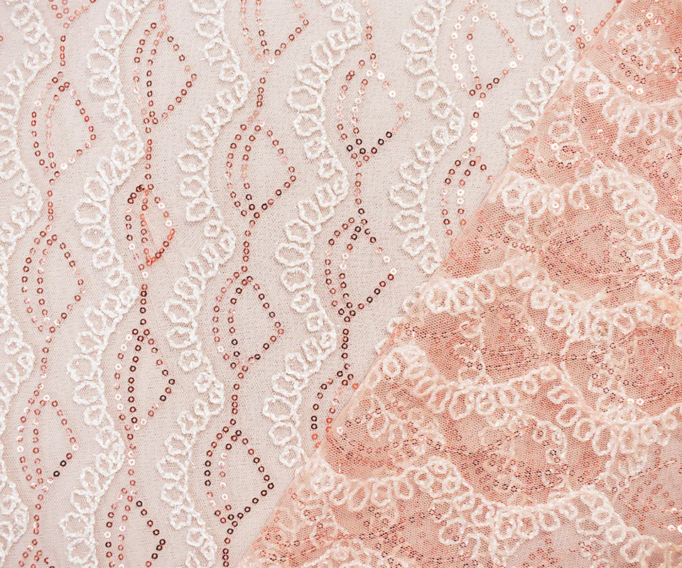 Peach Coral-White Nylon Loop Thread Embroidery Sequined Mesh Tulle Fabric - Image 2