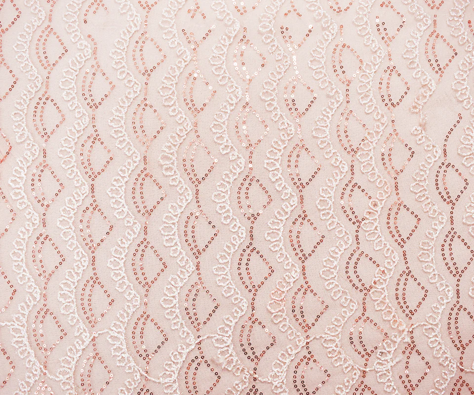 Peach Coral-White Nylon Loop Thread Embroidery Sequined Mesh Tulle Fabric - Image 3