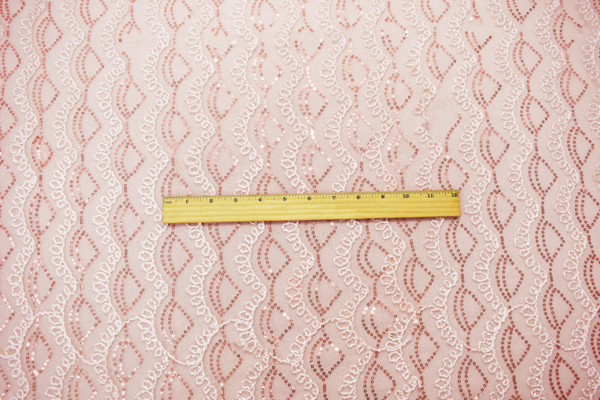 Peach Coral-White Nylon Loop Thread Embroidery Sequined Mesh Tulle Fabric - Image 4