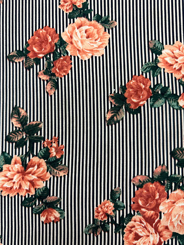 Peach Floral Black Stripe Print Double Brushed Jersey Knit Fabric - Image 3