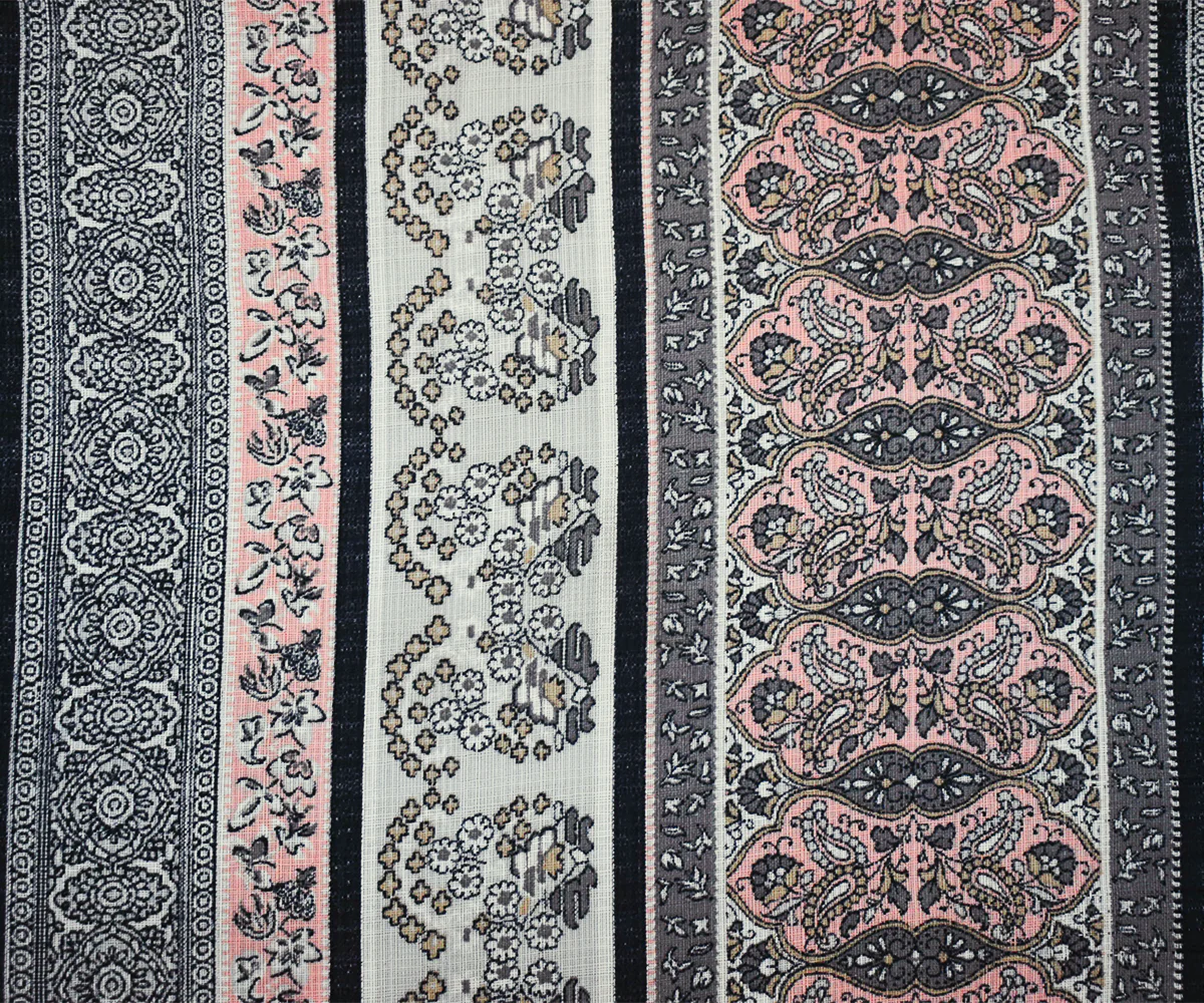 Peach-Gray-Multi Nylon Paisley Floral Stripe Printed Sheer Woven Fabric - Image 3