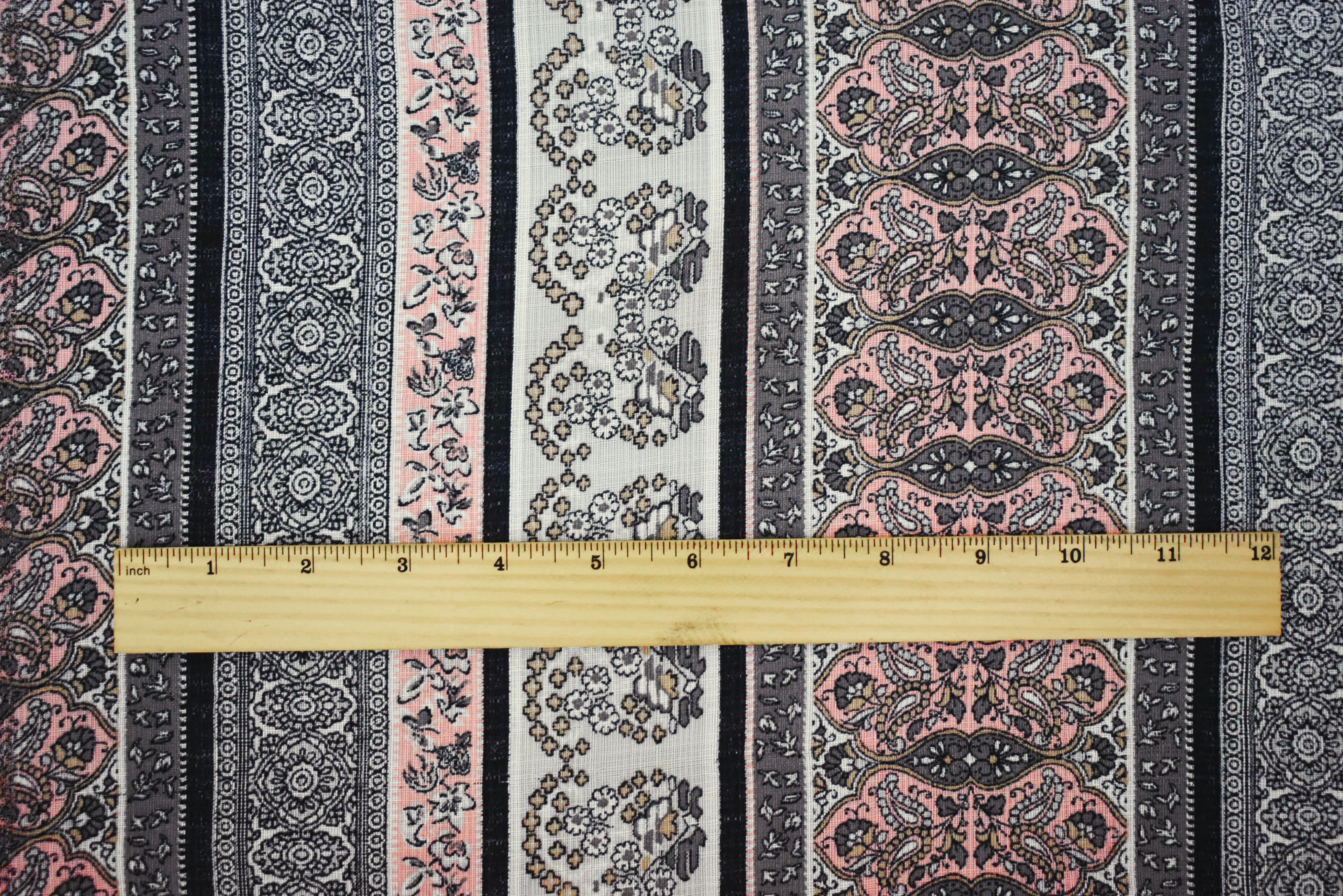 Peach-Gray-Multi Nylon Paisley Floral Stripe Printed Sheer Woven Fabric - Image 4