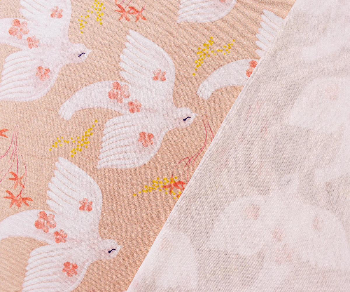 Peach-Multi Rayon Modal Bird Flower Print Stretch Spandex Jersey Knit Fabric - Image 2