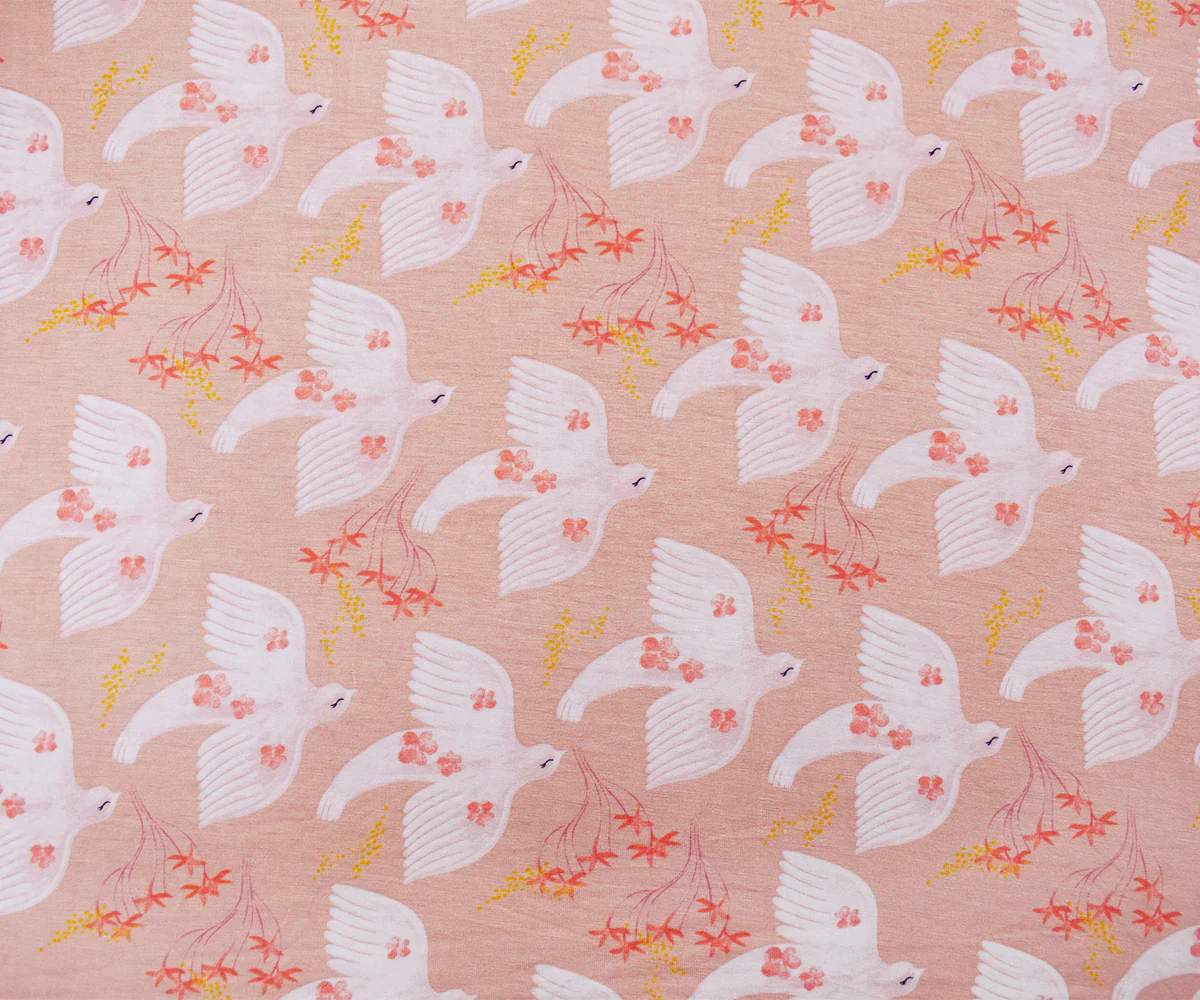 Peach-Multi Rayon Modal Bird Flower Print Stretch Spandex Jersey Knit Fabric - Image 3