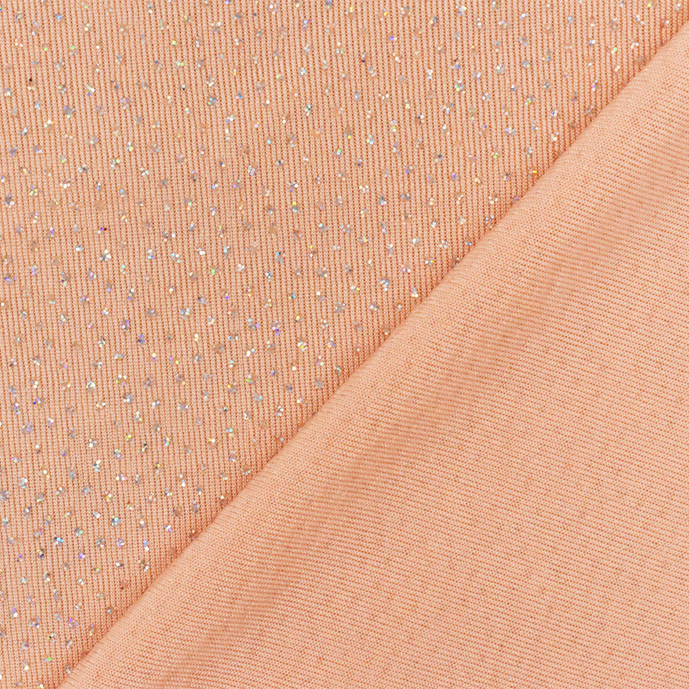 Peach Orange-Silver Sparkly Metallic Printed Stretch Slinky Knit Fabric - Image 2