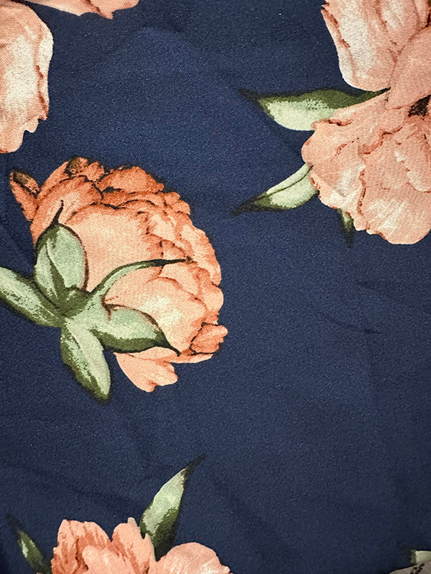 Peach Peony Floral Print on Navy Blue Scuba Knit Fabric - Image 2