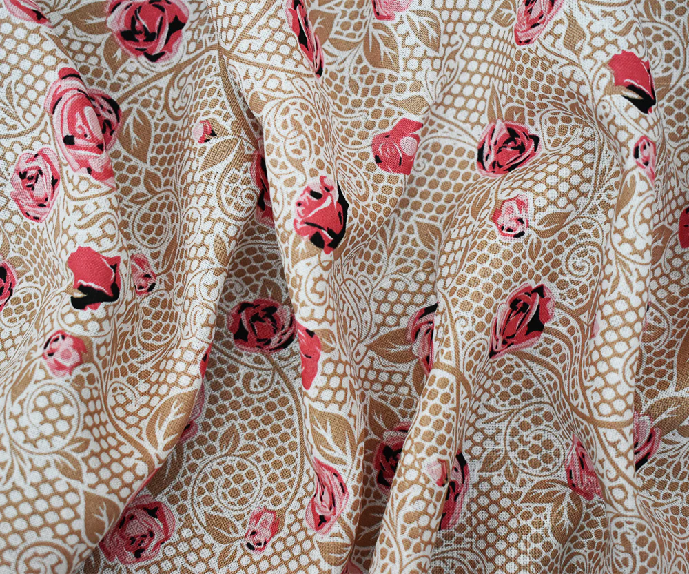 Pink-Beige-Multi Floral Mesh Pattern Printed Linen Woven Fabric - Image 2