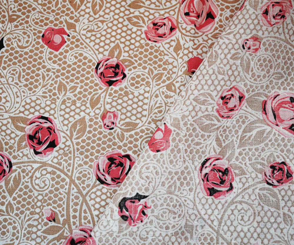 Pink-Beige-Multi Floral Mesh Pattern Printed Linen Woven Fabric - Image 3