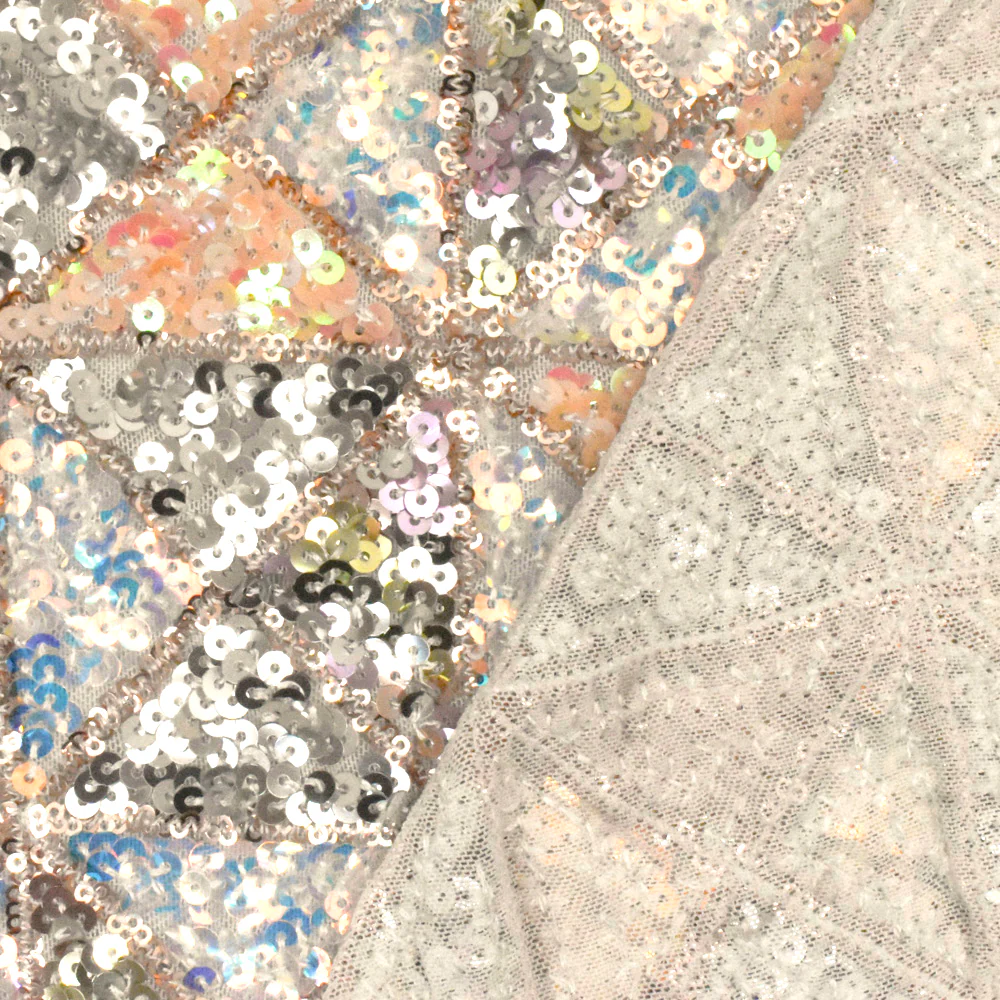 Pink Beige-Silver-Multi Triangles Sequined Stretch Mesh Fabric - Image 4