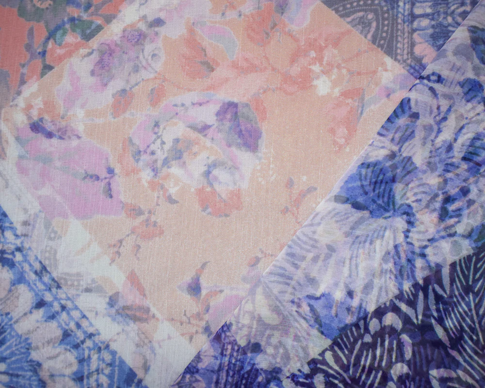 Pink-Blue-Multi Poly Ink Floral Printed Crinkle Yoryu Chiffon Woven Fabric - Image 2