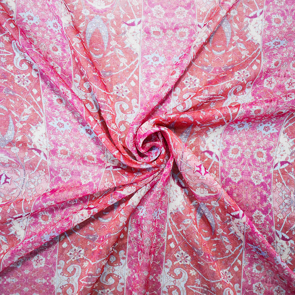 Pink-Blue-Multi Poly Stripe Floral Printed Crinkle Yoryu Chiffon Woven Fabric