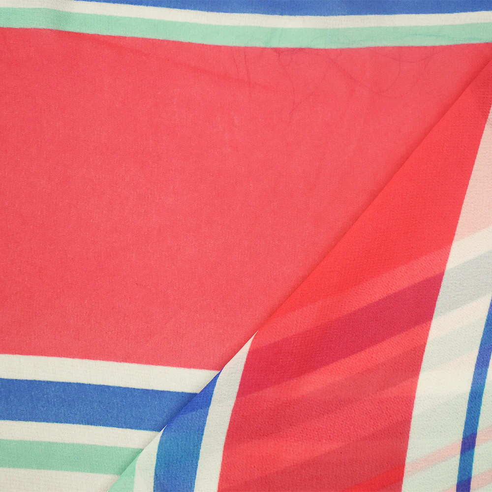 Pink-Blue-Multi Stripe Printed Poly Chiffon Woven Fabric - Image 2