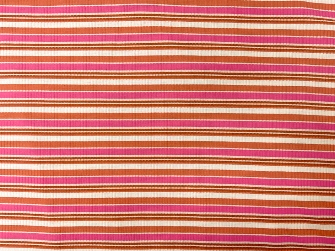 Pink-Brown Poly Spandex Stretch Stripe Rib Knit Fabric - Image 2