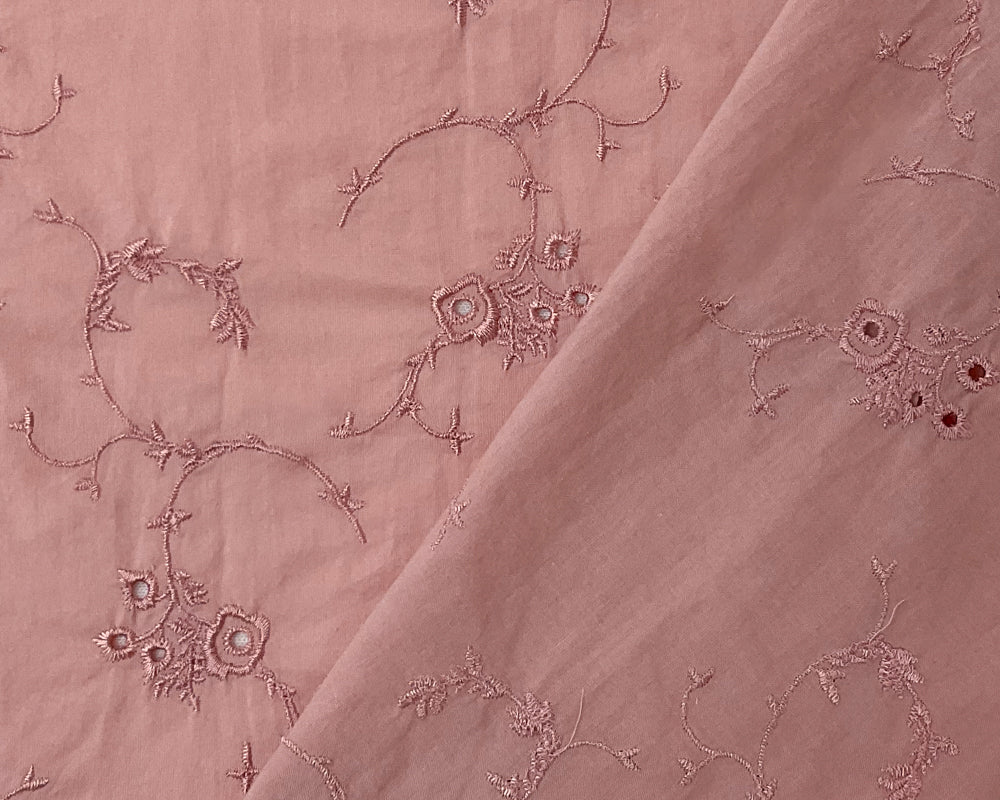Pink Cotton Floral Vine Embroidered Eyelet Batiste Woven Fabric - Image 2