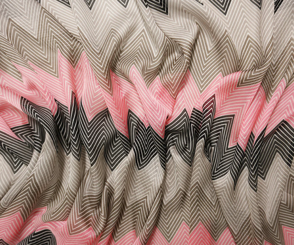 Pink-Gray-Muilti Silk Chevron Printed Chiffon Woven Fabric - Image 3