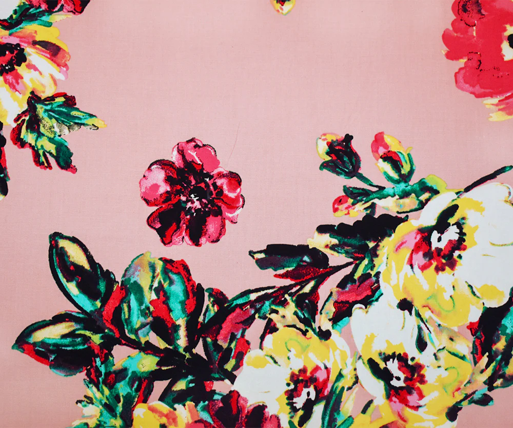 Pink-Green-Multi Cotton Floral Printed Stretch Spandex Poplin Woven Fabric - Image 3