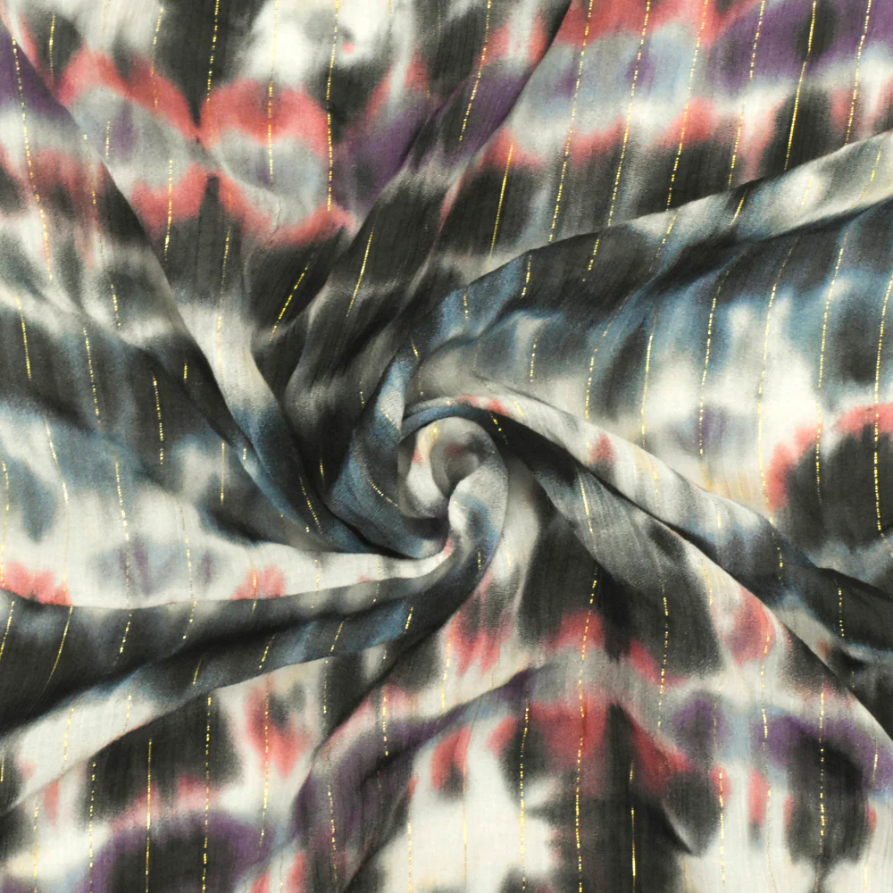 Pink-Multi Famous Designer Tie Dye Printed Metallic Stripe Chiffon Fabric - Image 2
