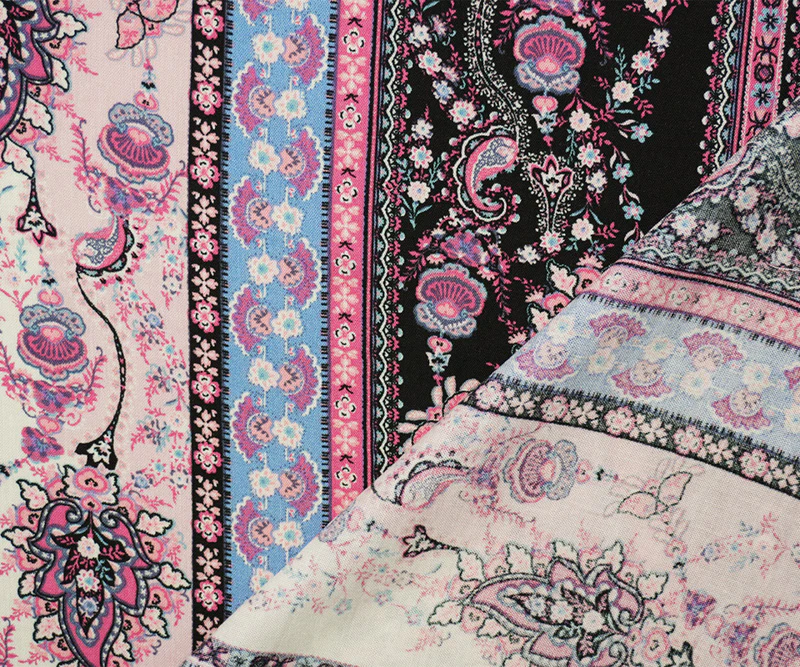 Pink-Multi Rayon Floral Stripe Printed Slub Challis Woven Fabric - Image 2