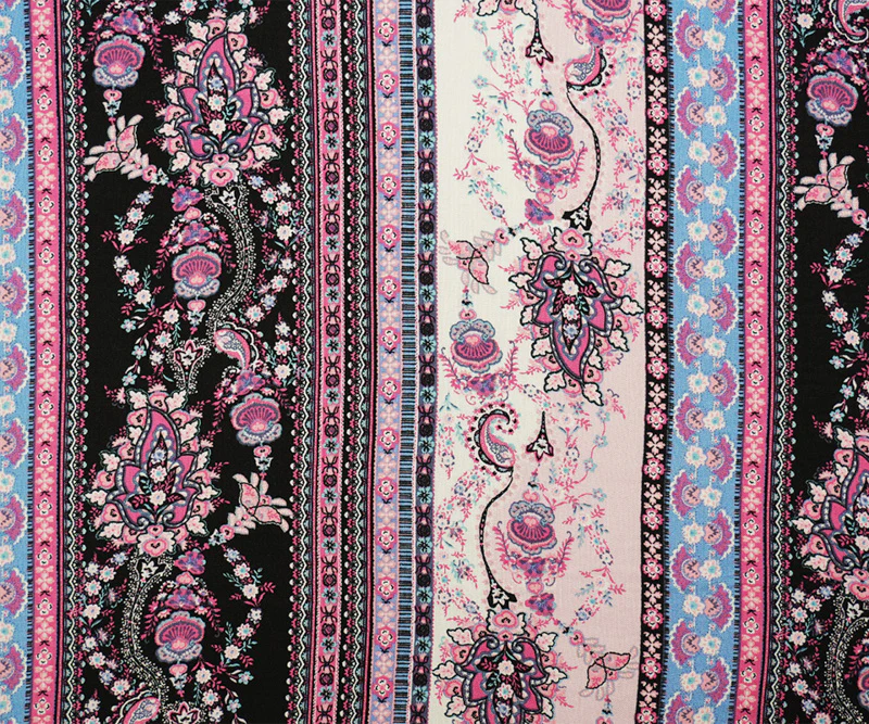 Pink-Multi Rayon Floral Stripe Printed Slub Challis Woven Fabric - Image 3