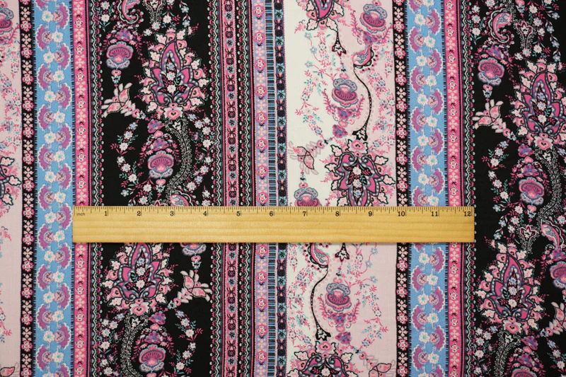 Pink-Multi Rayon Floral Stripe Printed Slub Challis Woven Fabric - Image 4