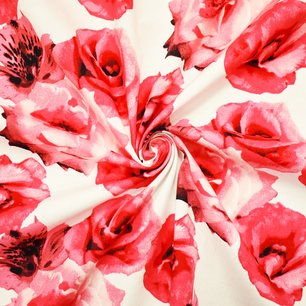 Pink-Off-White Cotton Stretch Spandex Floral Printed Poplin Woven Fabric