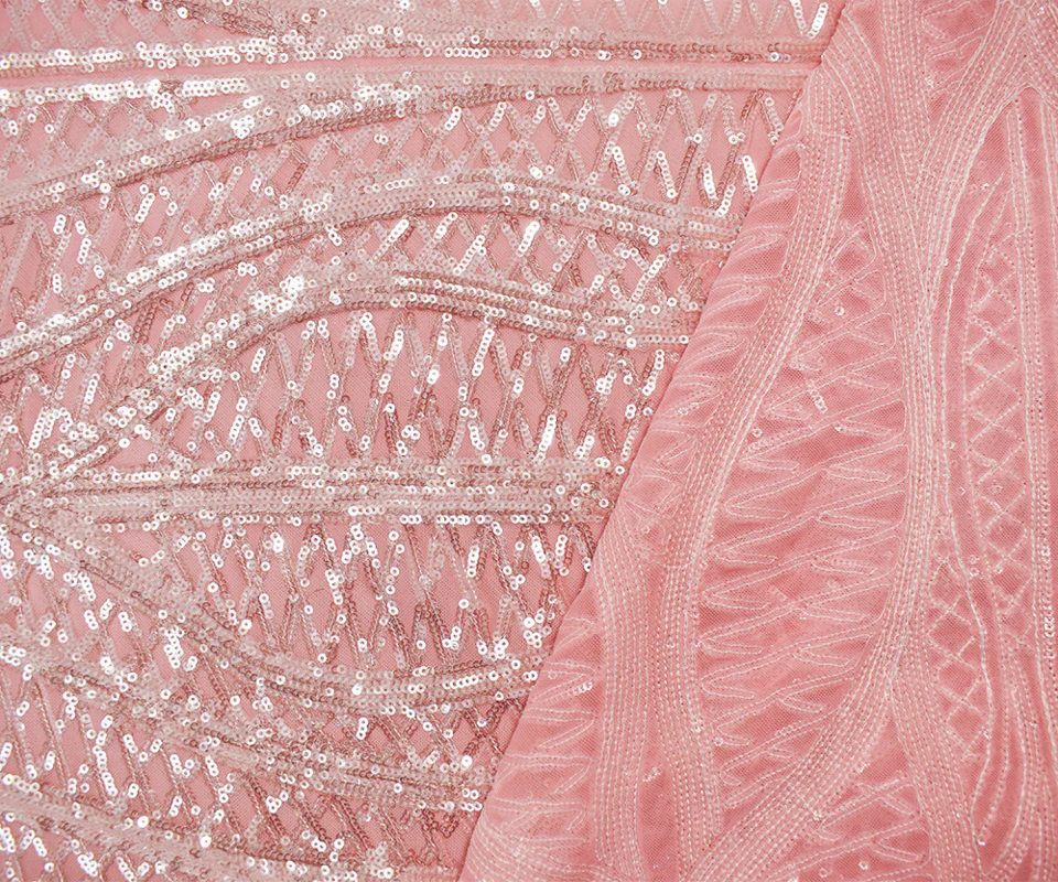 Pink-Pearl-Iridescent Nylon Abstract Wave Sequined Mesh Knit Fabric - Image 2